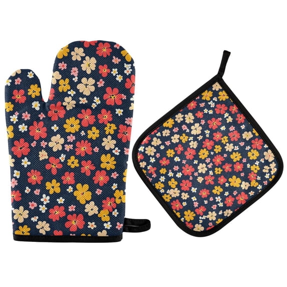 Yayeee Oven Mitts and Pot Holder Set of 4 Heat Resistant Kitchen Gloves Baking Hot Pad, Small Colorful Flower