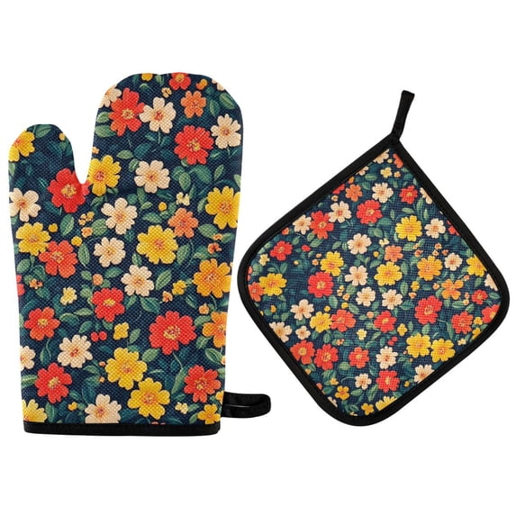 Yayeee Oven Mitts and Pot Holder Set of 4 Heat Resistant Kitchen Gloves Baking Hot Pad, Vibrant Flowers