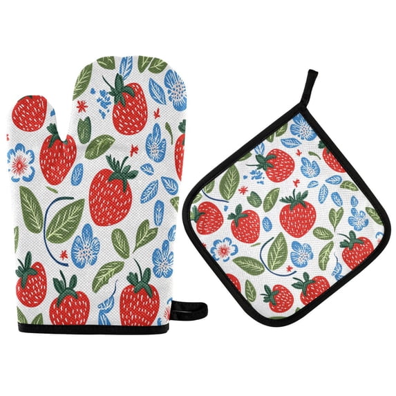Yayeee Oven Mitts and Pot Holder Set of 4 Heat Resistant Kitchen Gloves Baking Hot Pad, Vibrant Strawberries