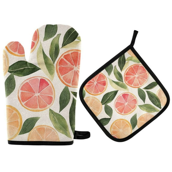 Yayeee Oven Mitts and Pot Holder Set of 4 Heat Resistant Kitchen Gloves Baking Hot Pad, Watercolor Grapefruit