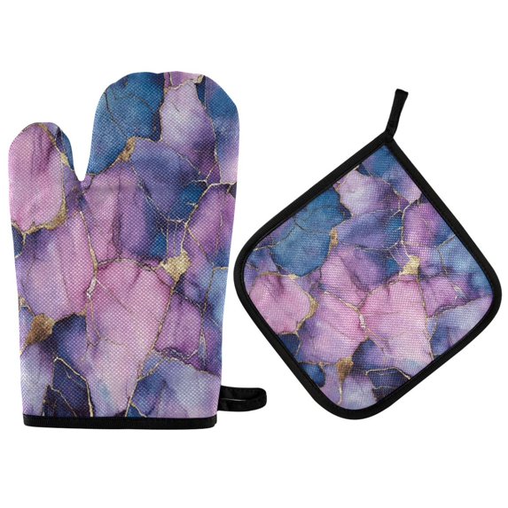 Yayeee Oven Mitts and Pot Holder Set of 4 Heat Resistant Kitchen Gloves Baking Hot Pad, Watercolor Pink Marble Pattern