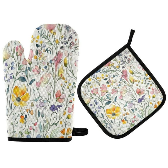 Yayeee Oven Mitts and Pot Holder Set of 4 Heat Resistant Kitchen Gloves Baking Hot Pad, Watercolor Wildflowers