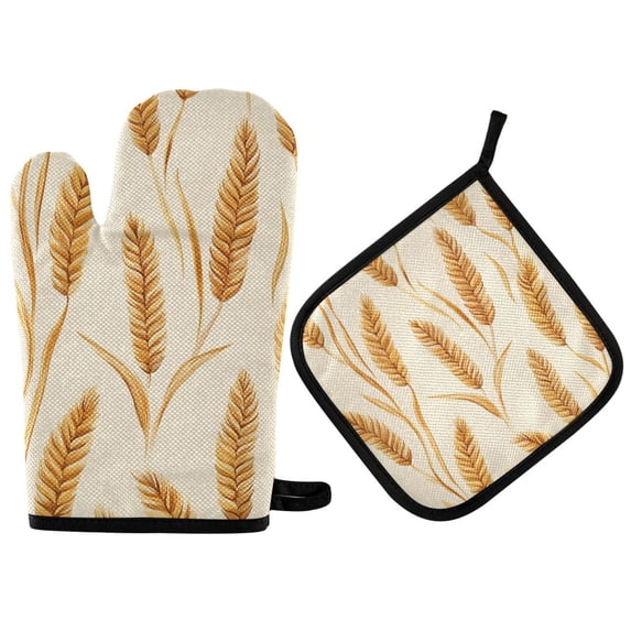 Yayeee Oven Mitts and Pot Holder Set of 4 Heat Resistant Kitchen Gloves Baking Hot Pad, Wheat Ears Pattern
