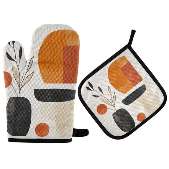 Yayeee Oven Mitts and Pot Holder Set of 4 Heat Resistant Kitchen Gloves Baking Hot Pad, White Abstract Shapes