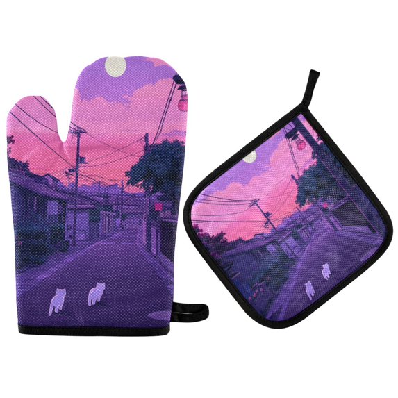 Yayeee Oven Mitts and Pot Holder Set of 4 Heat Resistant Kitchen Gloves Baking Hot Pad, White Cat Walking