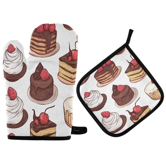 Yayeee Oven Mitts and Pot Holder Set of 4 Heat Resistant Kitchen Gloves Baking Hot Pad, White Chocolate Cakes
