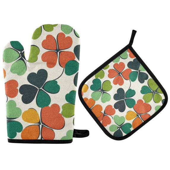 Yayeee Oven Mitts and Pot Holder Set of 4 Heat Resistant Kitchen Gloves Baking Hot Pad, White Clover Pattern