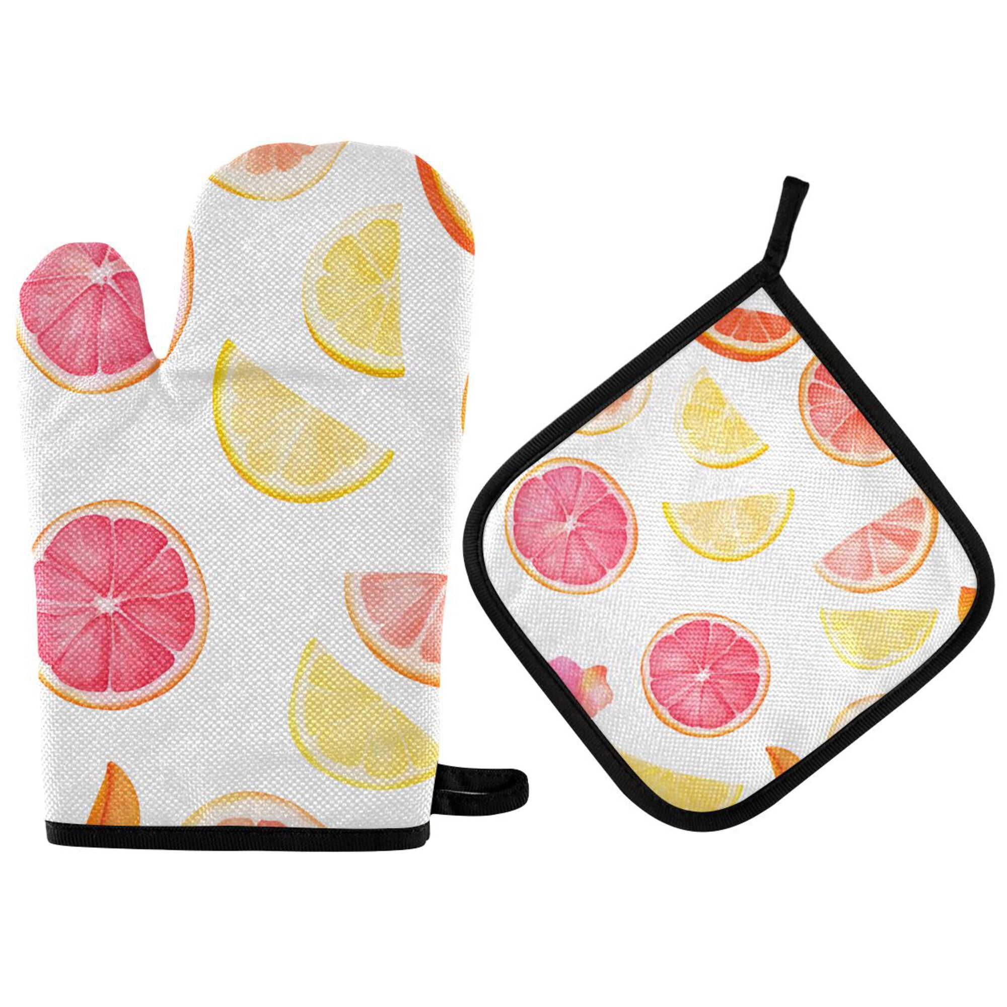 Yayeee Oven Mitts and Pot Holder Set of 4 Heat Resistant Kitchen Gloves Baking Hot Pad, White Grapefruit Slices