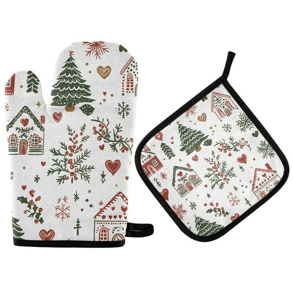 Yayeee Oven Mitts and Pot Holder Set of 4 Heat Resistant Kitchen Gloves Baking Hot Pad, White Nordic Christmas House