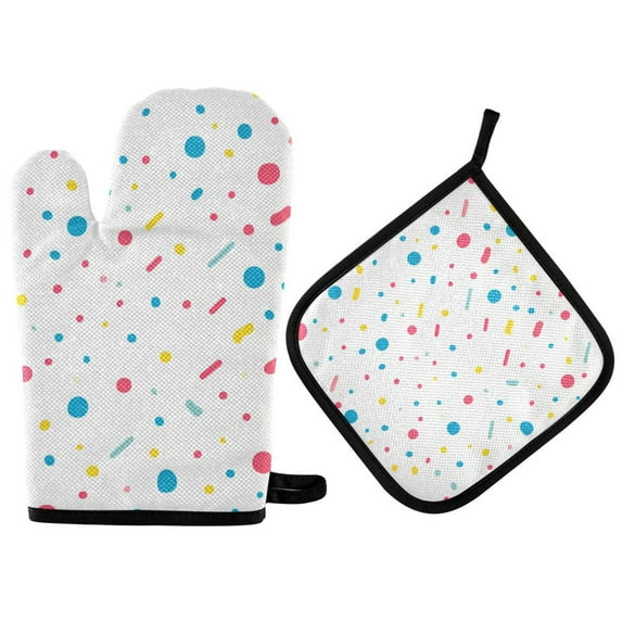 Yayeee Oven Mitts and Pot Holder Set of 4 Heat Resistant Kitchen Gloves Baking Hot Pad, White Retro Pattern