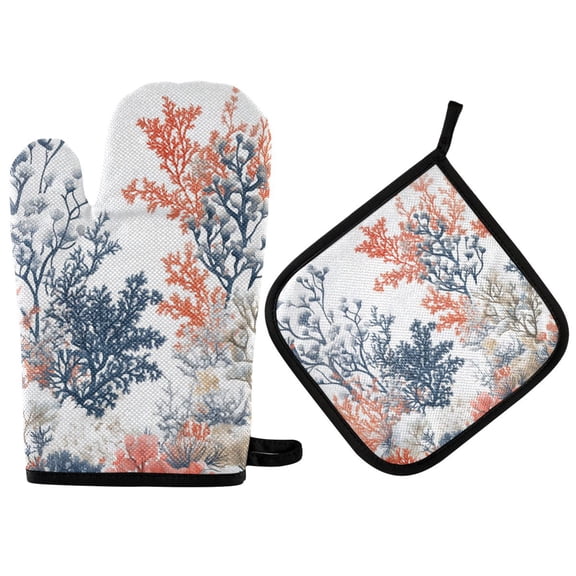 Yayeee Oven Mitts and Pot Holder Set of 4 Heat Resistant Kitchen Gloves Baking Hot Pad, White Sea Plants