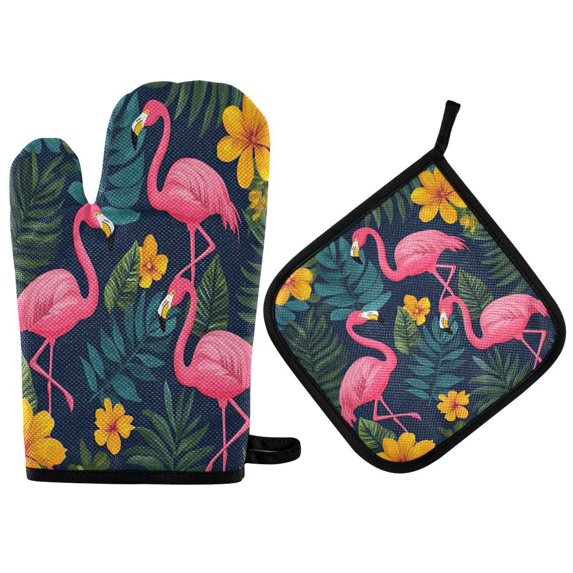 Yayeee Oven Mitts and Pot Holder Set of 4 Heat Resistant Kitchen Gloves Baking Hot Pad, Yellow Floral Flamingo