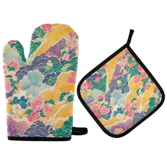 Yayeee Oven Mitts and Pot Holder Set of 4 Heat Resistant Kitchen Gloves Baking Hot Pad, Yellow Floral Wave