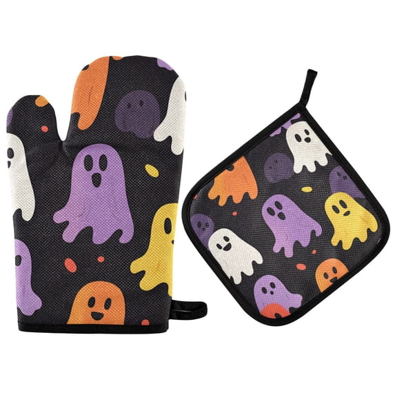 Yayeee Oven Mitts and Pot Holder Set of 4 Heat Resistant Kitchen Gloves Baking Hot Pad, Yellow Halloween Ghosts