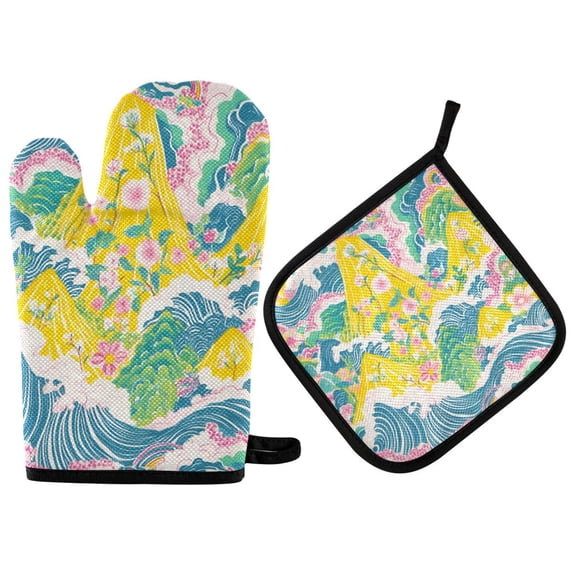 Yayeee Oven Mitts and Pot Holder Set of 4 Heat Resistant Kitchen Gloves Baking Hot Pad, Yellow Mountains