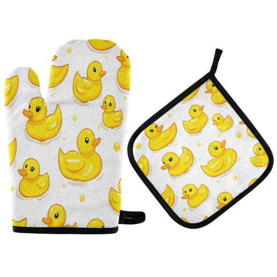 Yayeee Oven Mitts and Pot Holder Set of 4 Heat Resistant Kitchen Gloves Baking Hot Pad, Yellow Rubber Ducks