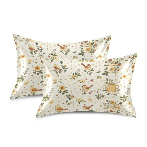 Yayeee Pillowcase King Size Set of 2 Satin Wrinkle Resistant Envelope Pillow Case, Birds Sunflowers