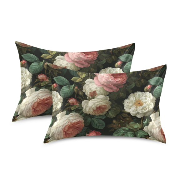 Yayeee Pillowcase King Size Set of 2 Satin Wrinkle Resistant Envelope Pillow Case, White and Pink Roses