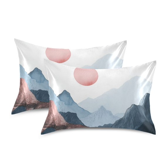 Yayeee Pillowcase King Size Set of 2 Satin Wrinkle Resistant Pillow Case, Art Mountain and Sun Pattern