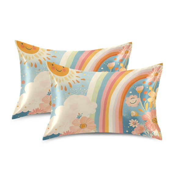 Yayeee Pillowcase King Size Set of 2 Satin Wrinkle Resistant Pillow Case, Beige Rainbow Clouds