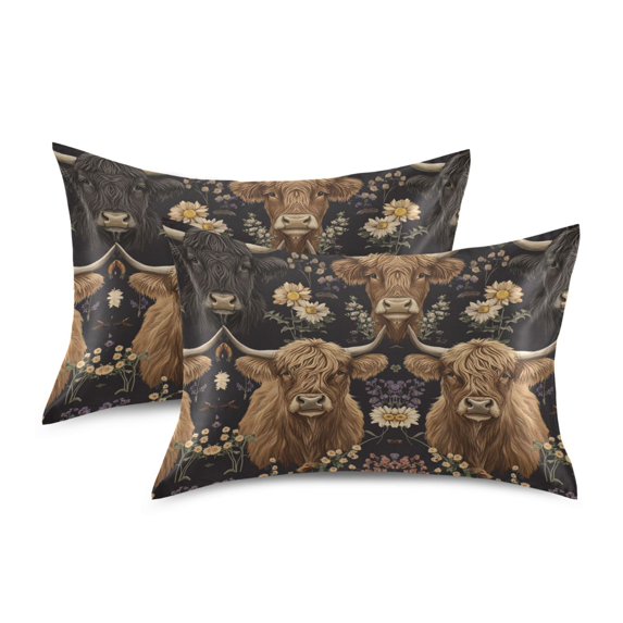 Yayeee Pillowcase King Size Set of 2 Satin Wrinkle Resistant Pillow Case, Cows and Flowers