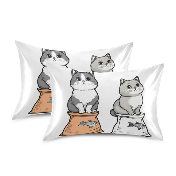 Yayeee Pillowcase King Size Set of 2 Satin Wrinkle Resistant Pillow Case, Gray Cute Chubby Cat