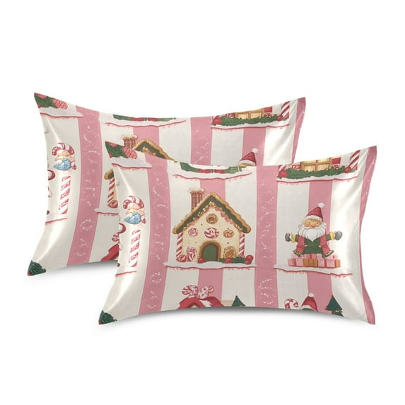 Yayeee Pillowcase King Size Set of 2 Satin Wrinkle Resistant Pillow Case, Green Christmas Houses