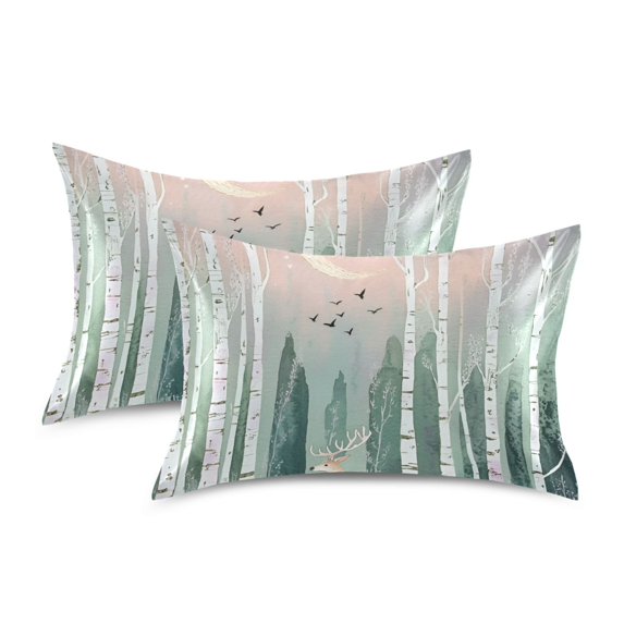 Yayeee Pillowcase King Size Set of 2 Satin Wrinkle Resistant Pillow Case, Green Deer