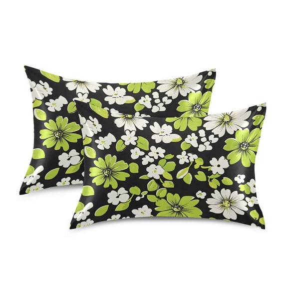 Yayeee Pillowcase King Size Set of 2 Satin Wrinkle Resistant Pillow Case, Green Flower Pattern