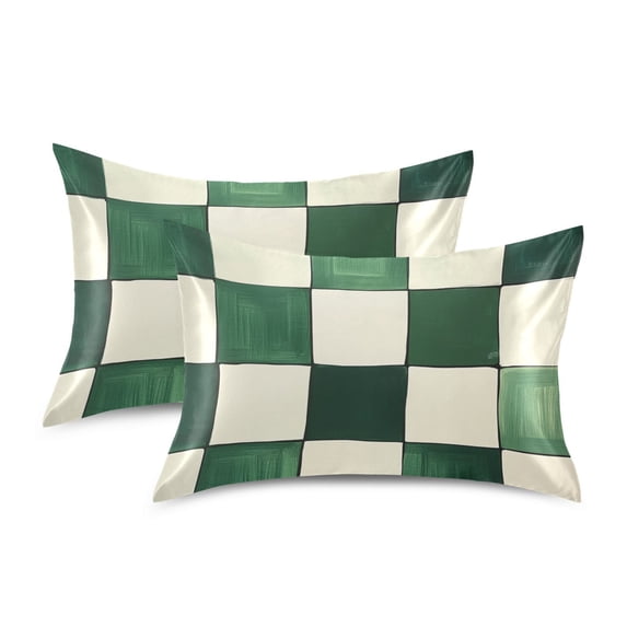 Yayeee Pillowcase King Size Set of 2 Satin Wrinkle Resistant Pillow Case, Green and White Plaid Pattern