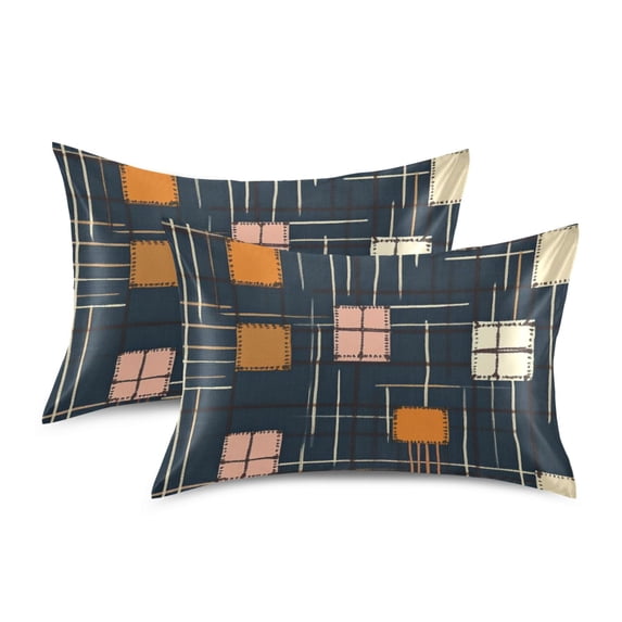 Yayeee Pillowcase King Size Set of 2 Satin Wrinkle Resistant Pillow Case, Orange Checkered Pattern