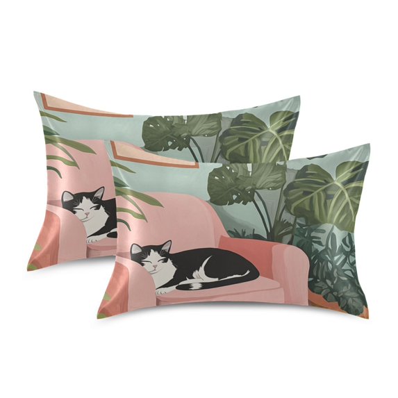 Yayeee Pillowcase King Size Set of 2 Satin Wrinkle Resistant Pillow Case, Pink Sleeping Cat