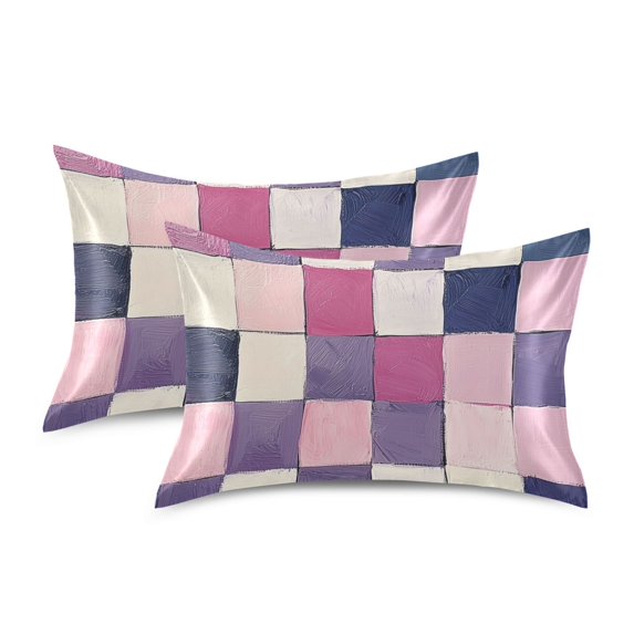 Yayeee Pillowcase King Size Set of 2 Satin Wrinkle Resistant Pillow Case, Pink and Purple Plaid Pattern