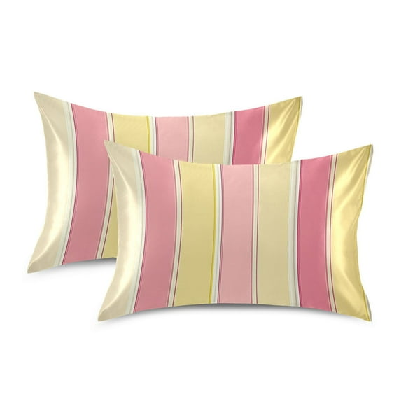 Yayeee Pillowcase King Size Set of 2 Satin Wrinkle Resistant Pillow Case, Pink and Yellow Striped Pattern
