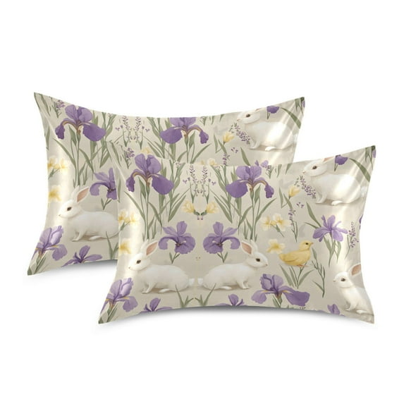 Yayeee Pillowcase King Size Set of 2 Satin Wrinkle Resistant Pillow Case, Purple Floral Rabbit