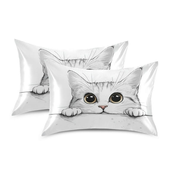 Yayeee Pillowcase King Size Set of 2 Satin Wrinkle Resistant Pillow Case, White Cat