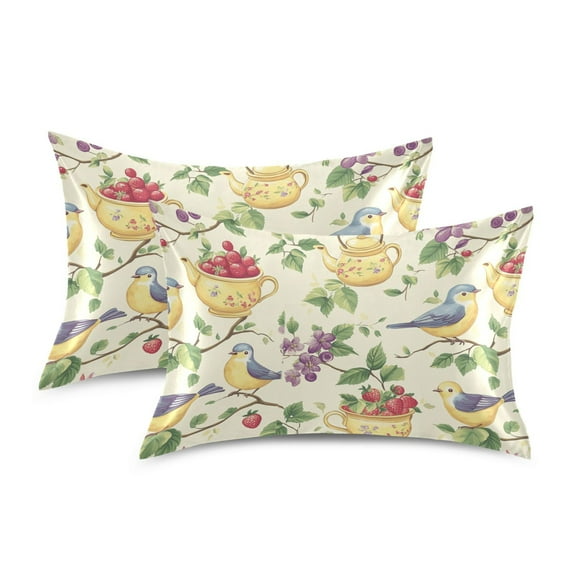 Yayeee Pillowcase Queen Size Set of 2 Satin Wrinkle Resistant Envelope Pillow Case, Birds with Strawberries