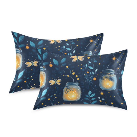 Yayeee Pillowcase Queen Size Set of 2 Satin Wrinkle Resistant Envelope Pillow Case, Blue Fireflies Pattern