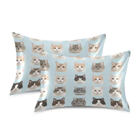 Yayeee Pillowcase Queen Size Set of 2 Satin Wrinkle Resistant Envelope Pillow Case, Cute Cat Faces