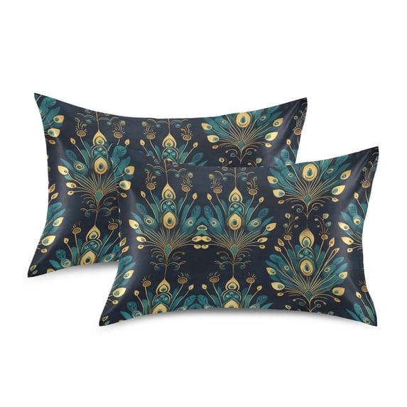 Yayeee Pillowcase Queen Size Set of 2 Satin Wrinkle Resistant Envelope Pillow Case, Gold Peacock Pattern