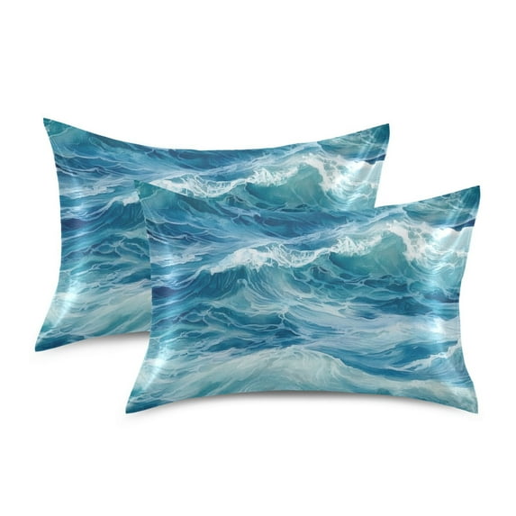 Yayeee Pillowcase Queen Size Set of 2 Satin Wrinkle Resistant Envelope Pillow Case, Green Watercolor Ocean Waves
