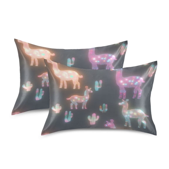 Yayeee Pillowcase Queen Size Set of 2 Satin Wrinkle Resistant Envelope Pillow Case, Neon Llamas Pattern