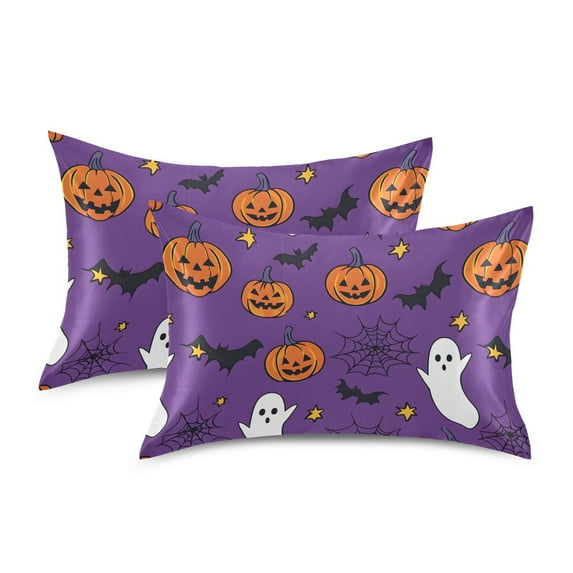 Yayeee Pillowcase Queen Size Set of 2 Satin Wrinkle Resistant Envelope Pillow Case, Purple Halloween Ghost Pattern