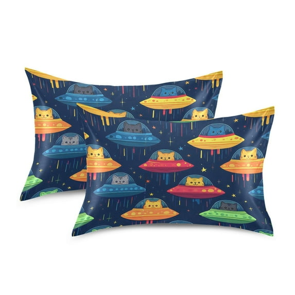 Yayeee Pillowcase Queen Size Set of 2 Satin Wrinkle Resistant Envelope Pillow Case, Rainbow Space Cat