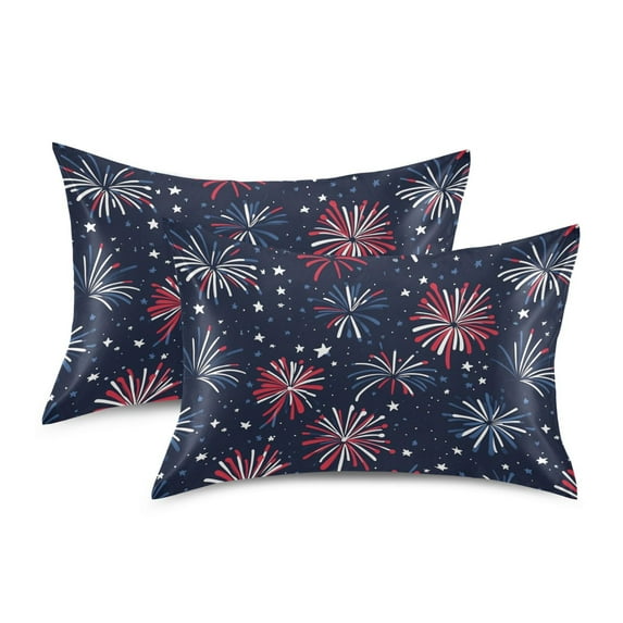 Yayeee Pillowcase Queen Size Set of 2 Satin Wrinkle Resistant Envelope Pillow Case, Red and Blue Fireworks Pattern