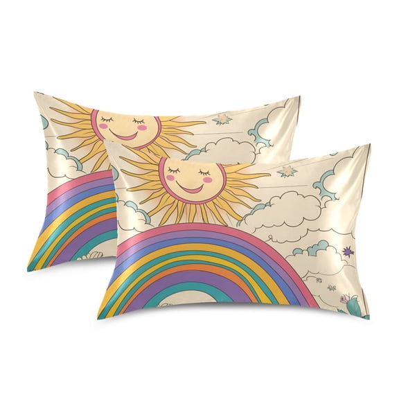 Yayeee Pillowcase Queen Size Set of 2 Satin Wrinkle Resistant Pillow Case, Beige Rainbow