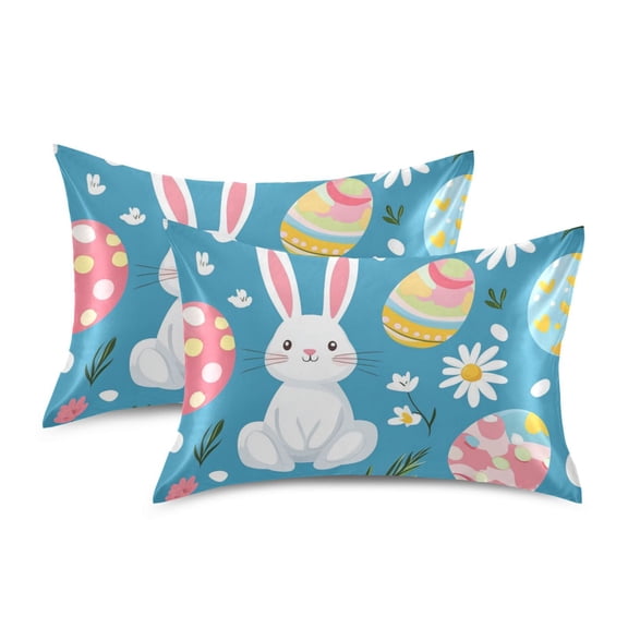 Yayeee Pillowcase Queen Size Set of 2 Satin Wrinkle Resistant Pillow Case, Blue Easter Bunny