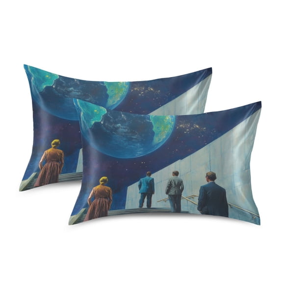 Yayeee Pillowcase Queen Size Set of 2 Satin Wrinkle Resistant Pillow Case, Blue Planet