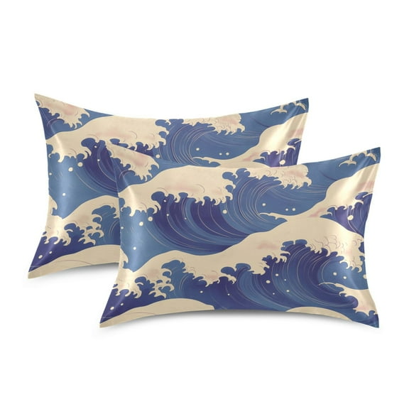 Yayeee Pillowcase Queen Size Set of 2 Satin Wrinkle Resistant Pillow Case, Blue Wave Pattern