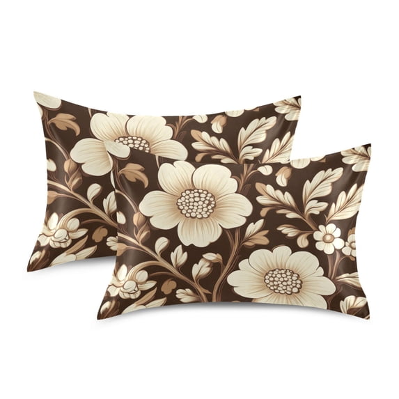 Yayeee Pillowcase Queen Size Set of 2 Satin Wrinkle Resistant Pillow Case, Brown Floral